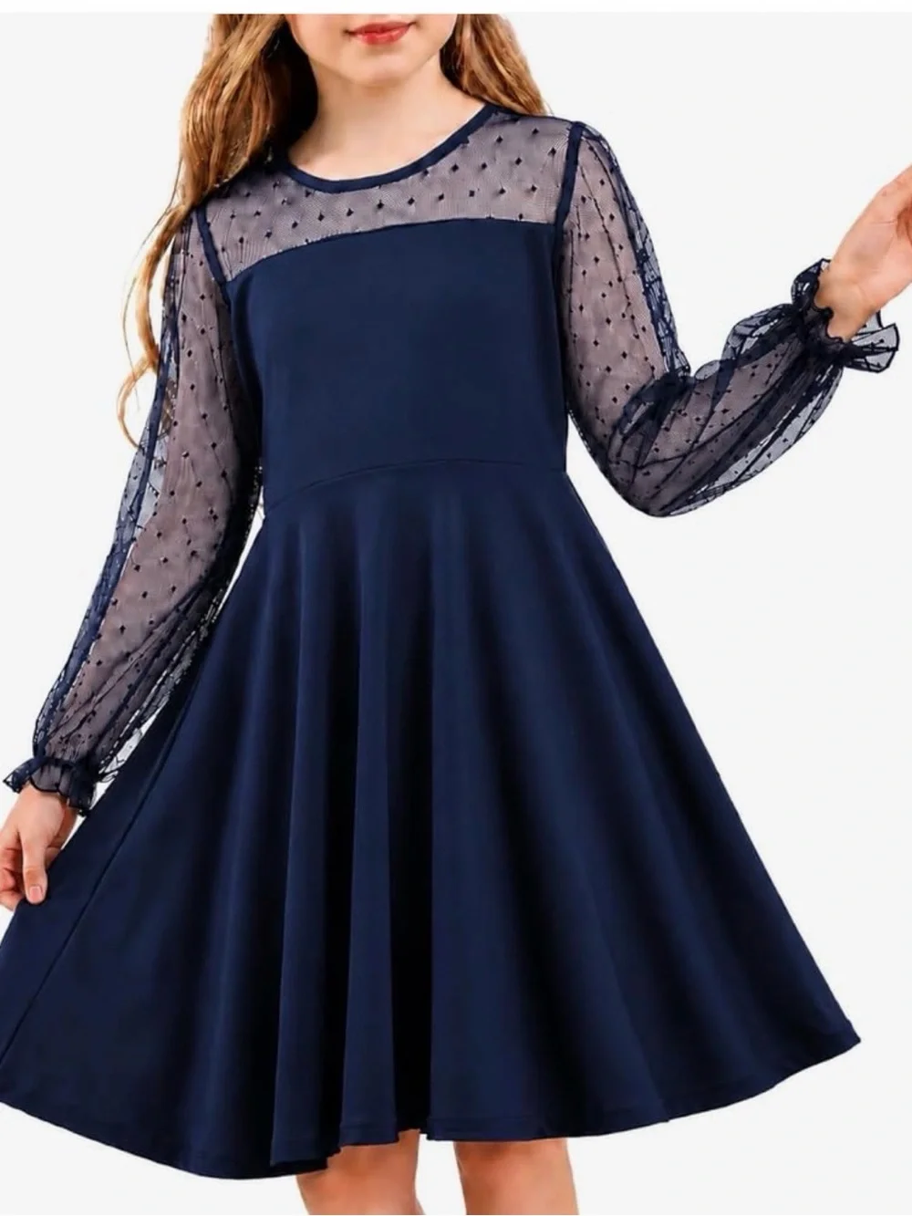 NWOT Girls' Navy Dot Mesh Yoke Party Dress, age 12-14 yrs old